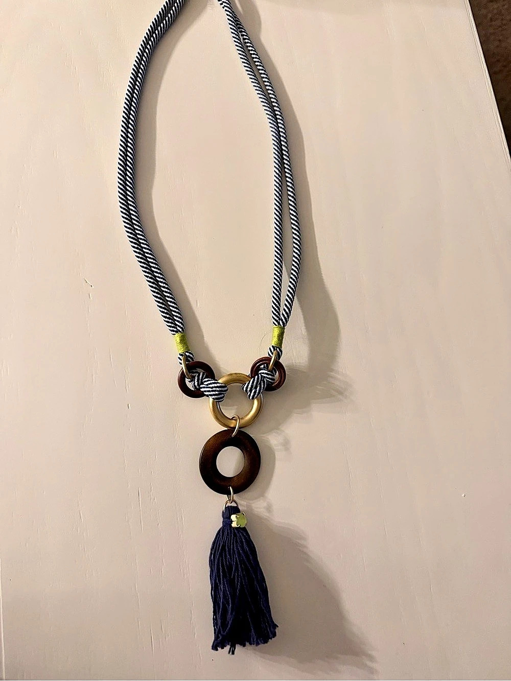 Braided Cord Tassel Necklace in Blue & Brown